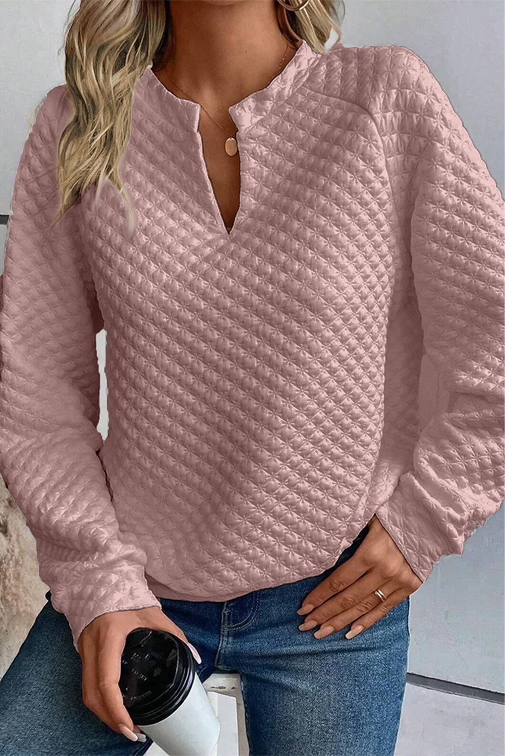 White Quilted V-Neck Solid Color Long Sleeve Top