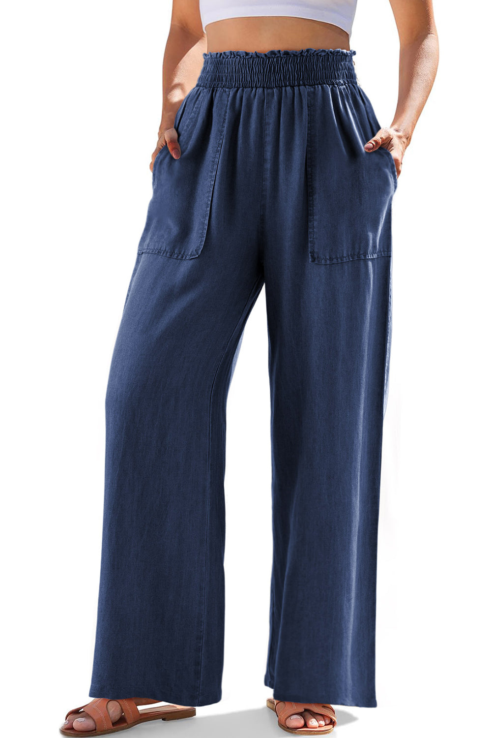 Sail Blue Side Pockets Frilled Smocked High Waist Wide Leg Jeans