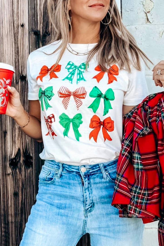 White Christmas Bowknot Graphic T Shirt