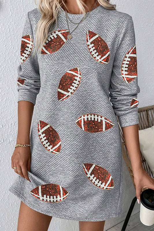 Gray Sequin Rugby Graphic Round Neck Textured Mini Dress