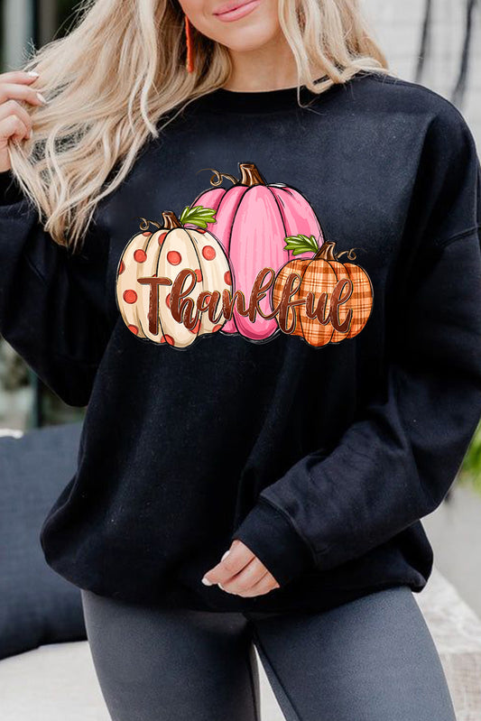 Black Pumpkin Thankful Drop Shoulder Thanksgiving Graphic Sweatshirt