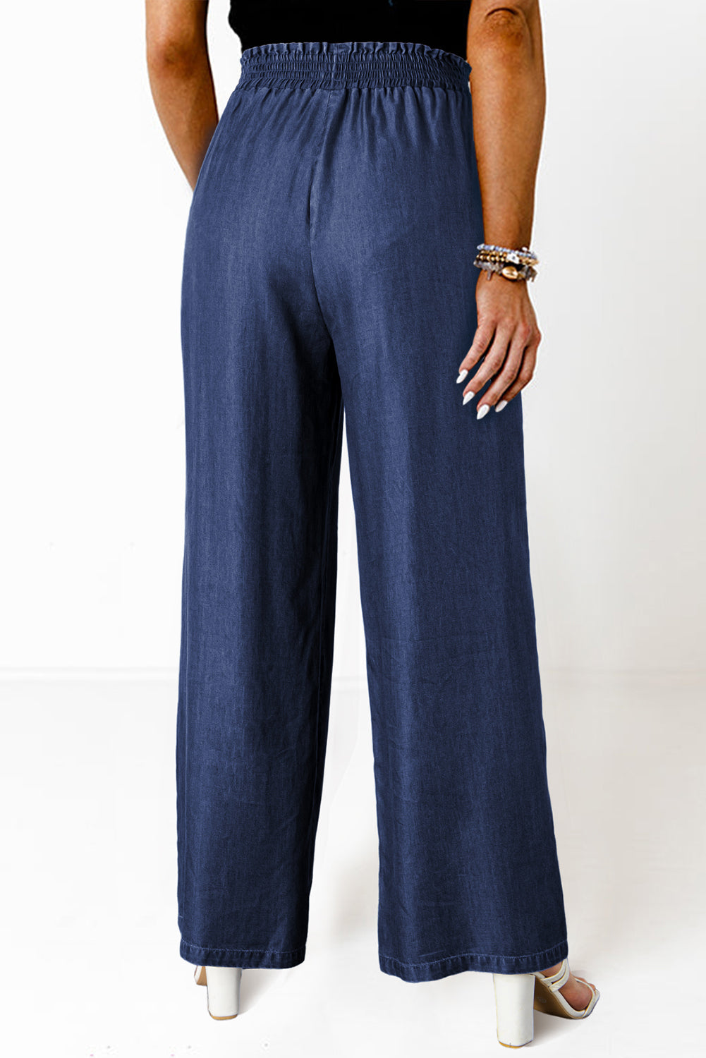 Sail Blue Side Pockets Frilled Smocked High Waist Wide Leg Jeans