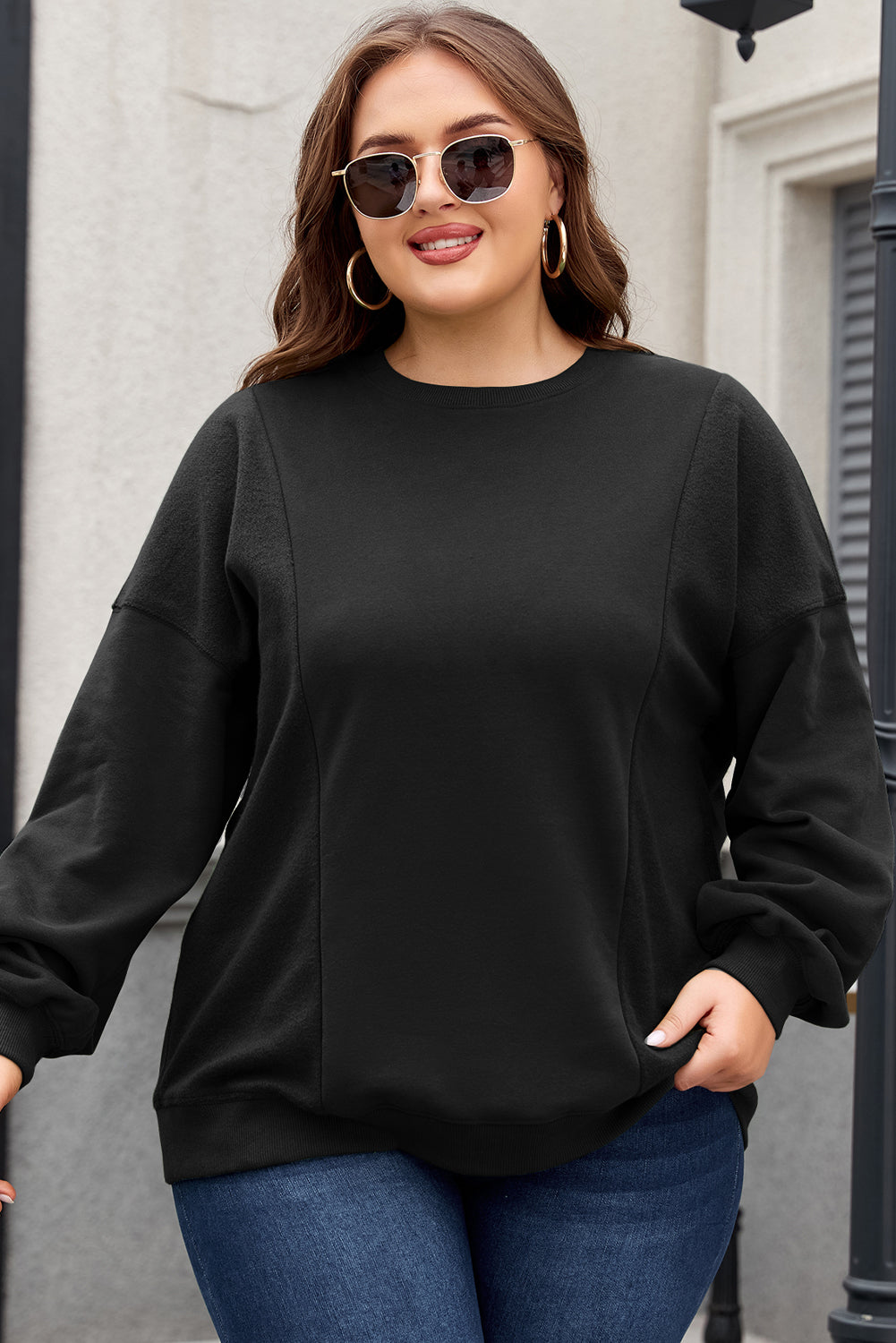 Blackish Green Loose Patchwork Crewneck Plus Size Sweatshirt