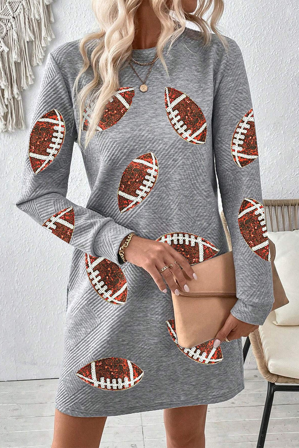 Gray Sequin Rugby Graphic Round Neck Textured Mini Dress