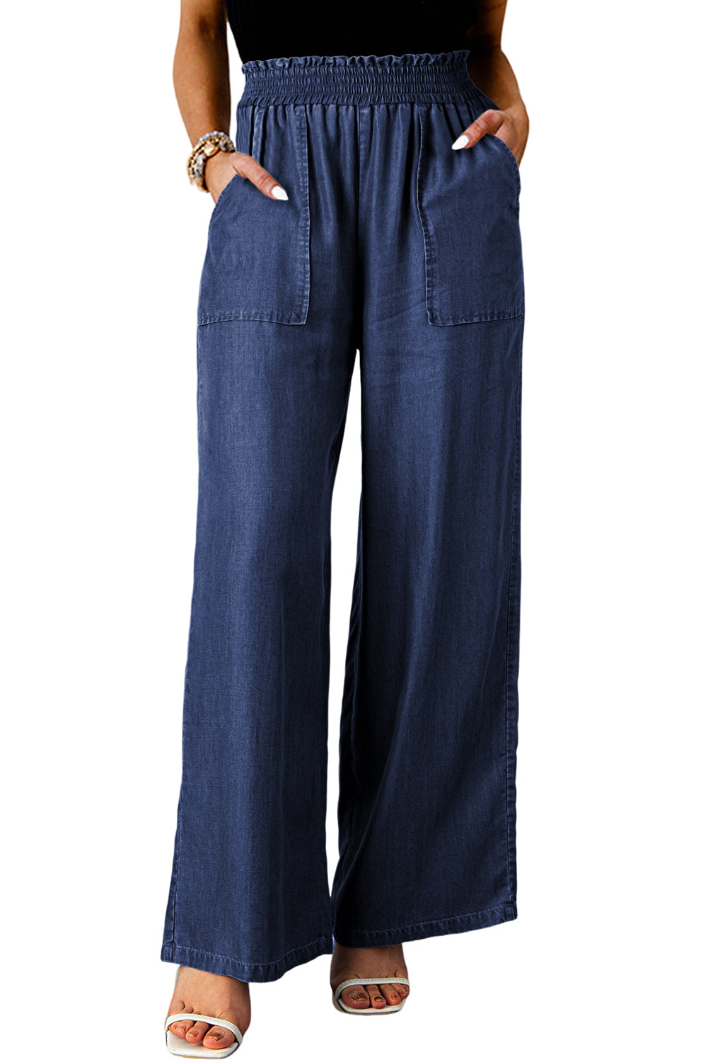 Sail Blue Side Pockets Frilled Smocked High Waist Wide Leg Jeans