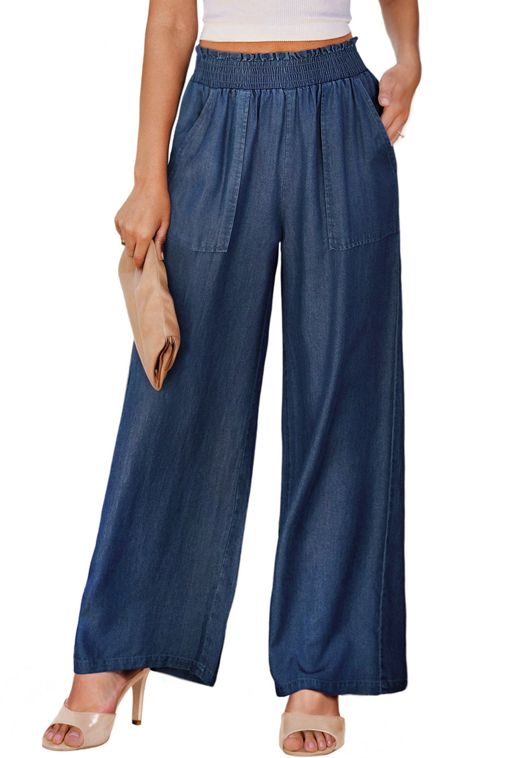 Sail Blue Side Pockets Frilled Smocked High Waist Wide Leg Jeans