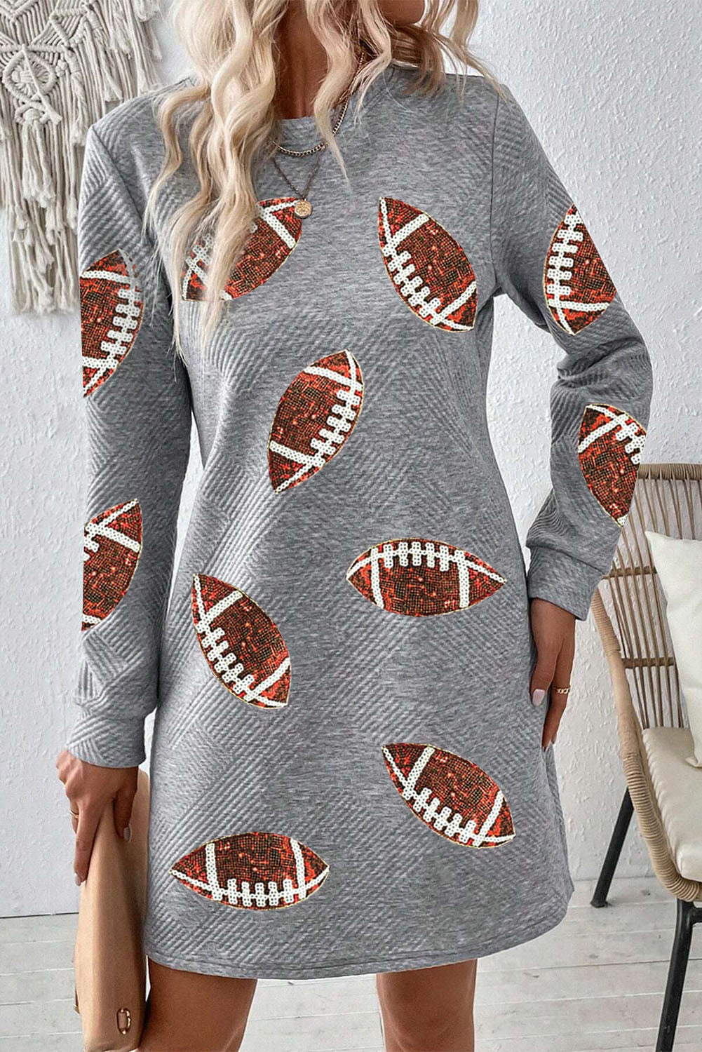 Gray Sequin Rugby Graphic Round Neck Textured Mini Dress