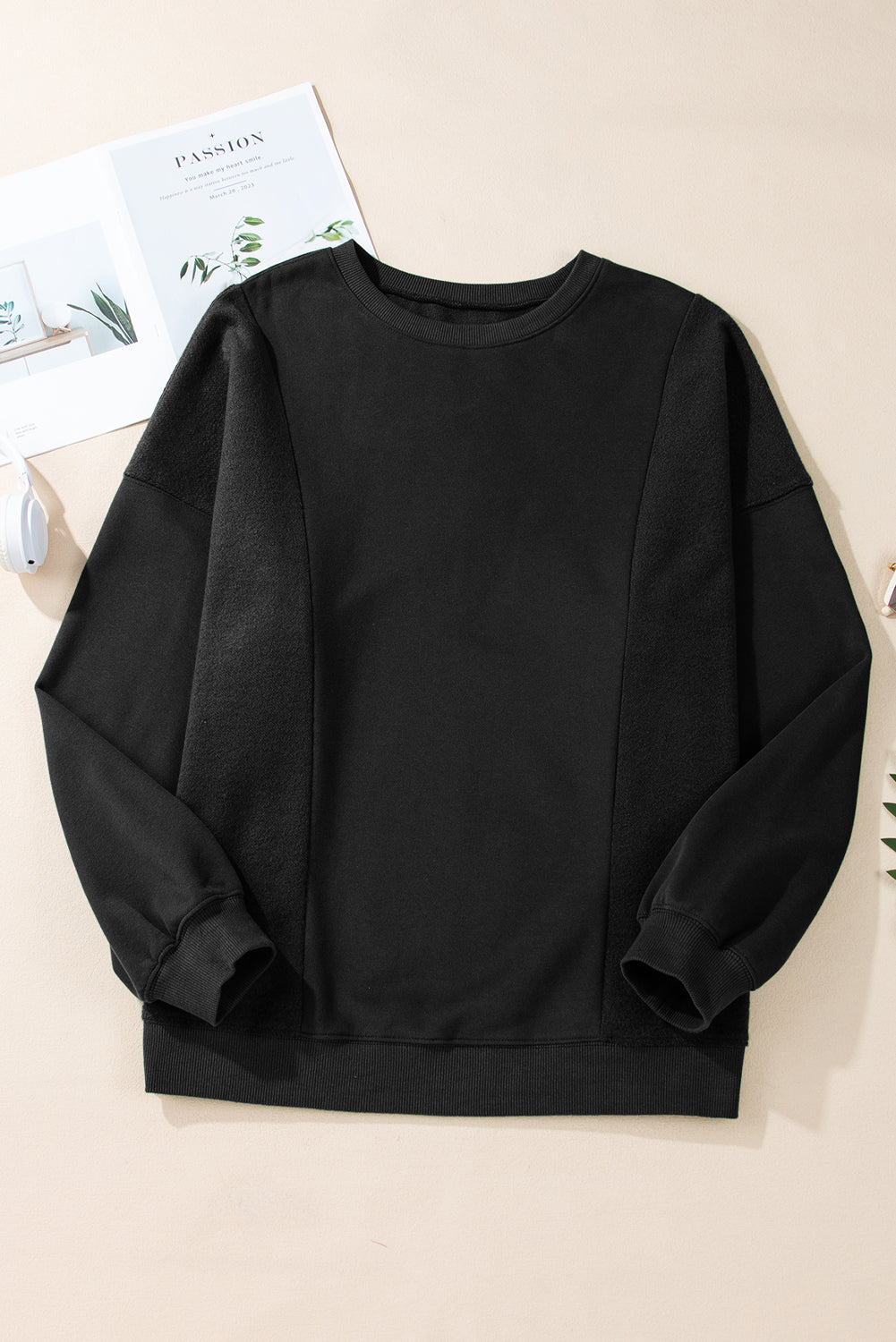 Blackish Green Loose Patchwork Crewneck Plus Size Sweatshirt