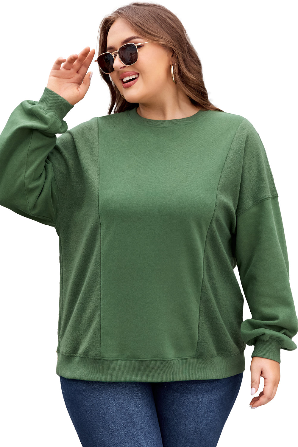 Blackish Green Loose Patchwork Crewneck Plus Size Sweatshirt