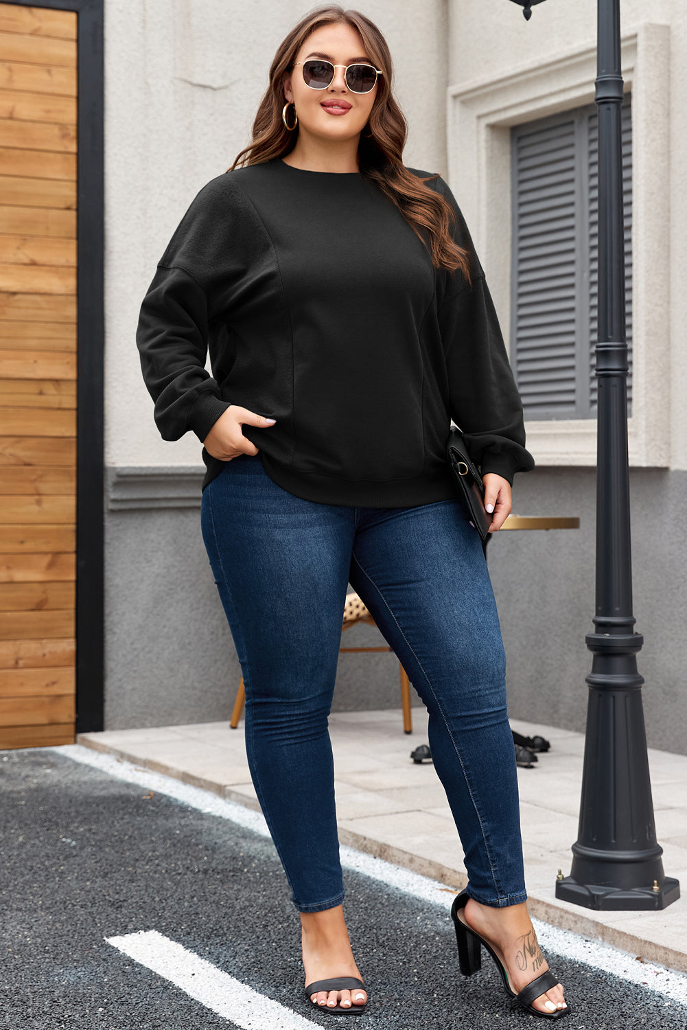 Blackish Green Loose Patchwork Crewneck Plus Size Sweatshirt