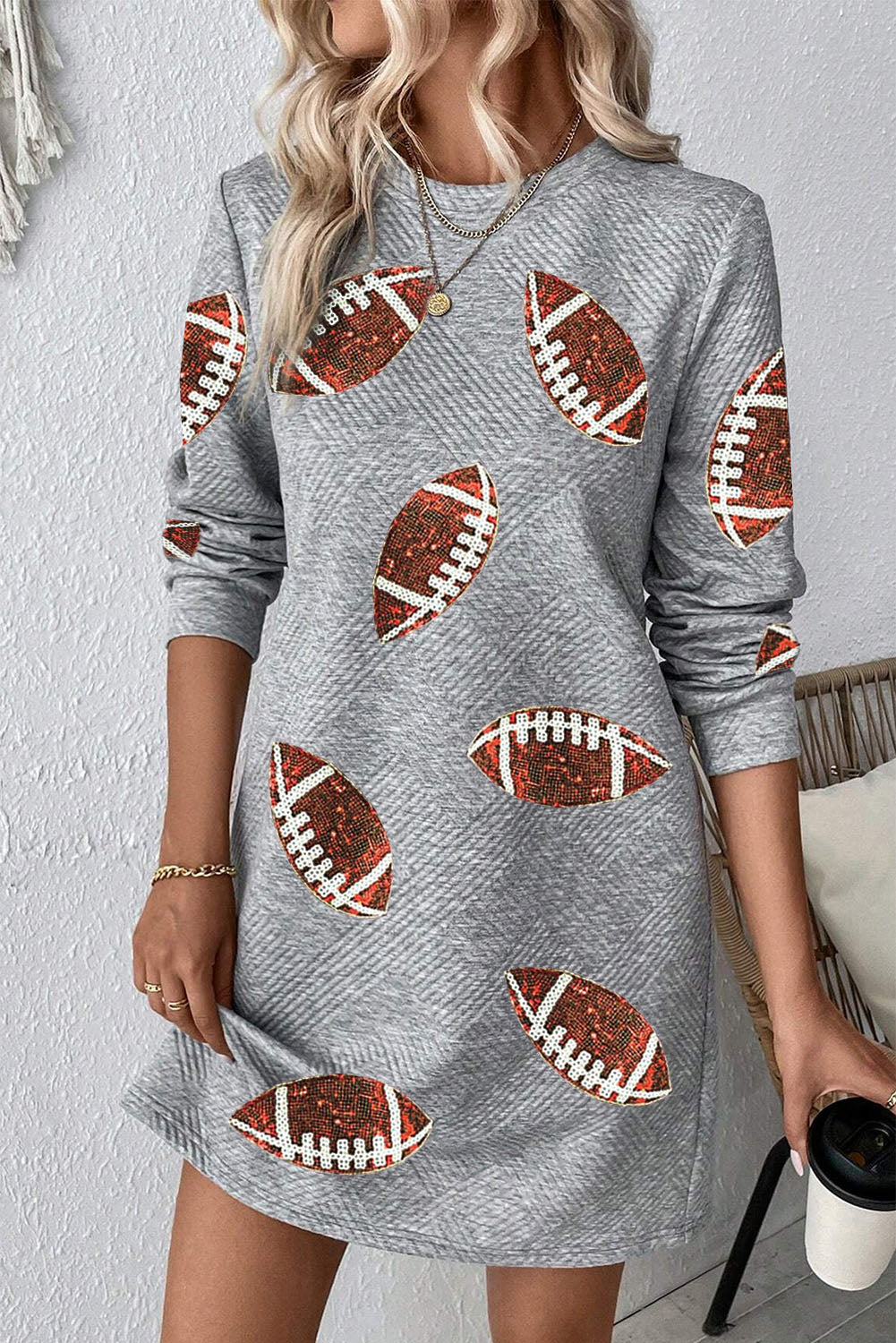 Gray Sequin Rugby Graphic Round Neck Textured Mini Dress