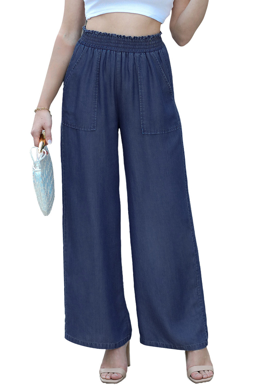 Sail Blue Side Pockets Frilled Smocked High Waist Wide Leg Jeans