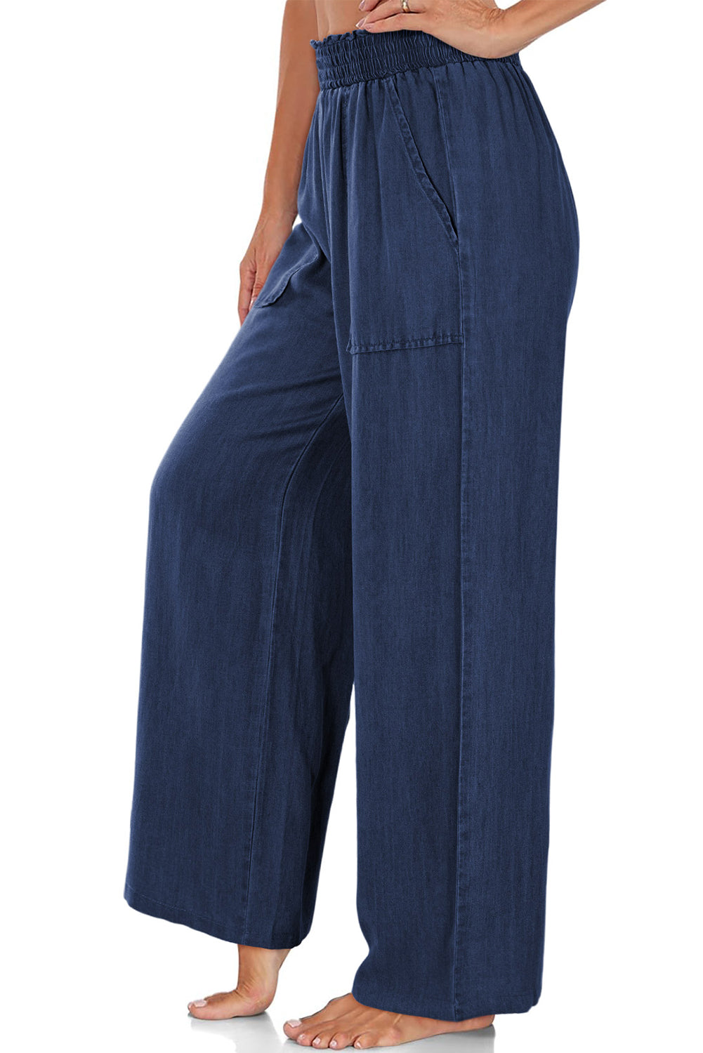 Sail Blue Side Pockets Frilled Smocked High Waist Wide Leg Jeans